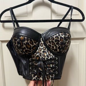 Leopard Print Corset Top with Black Leather Accents